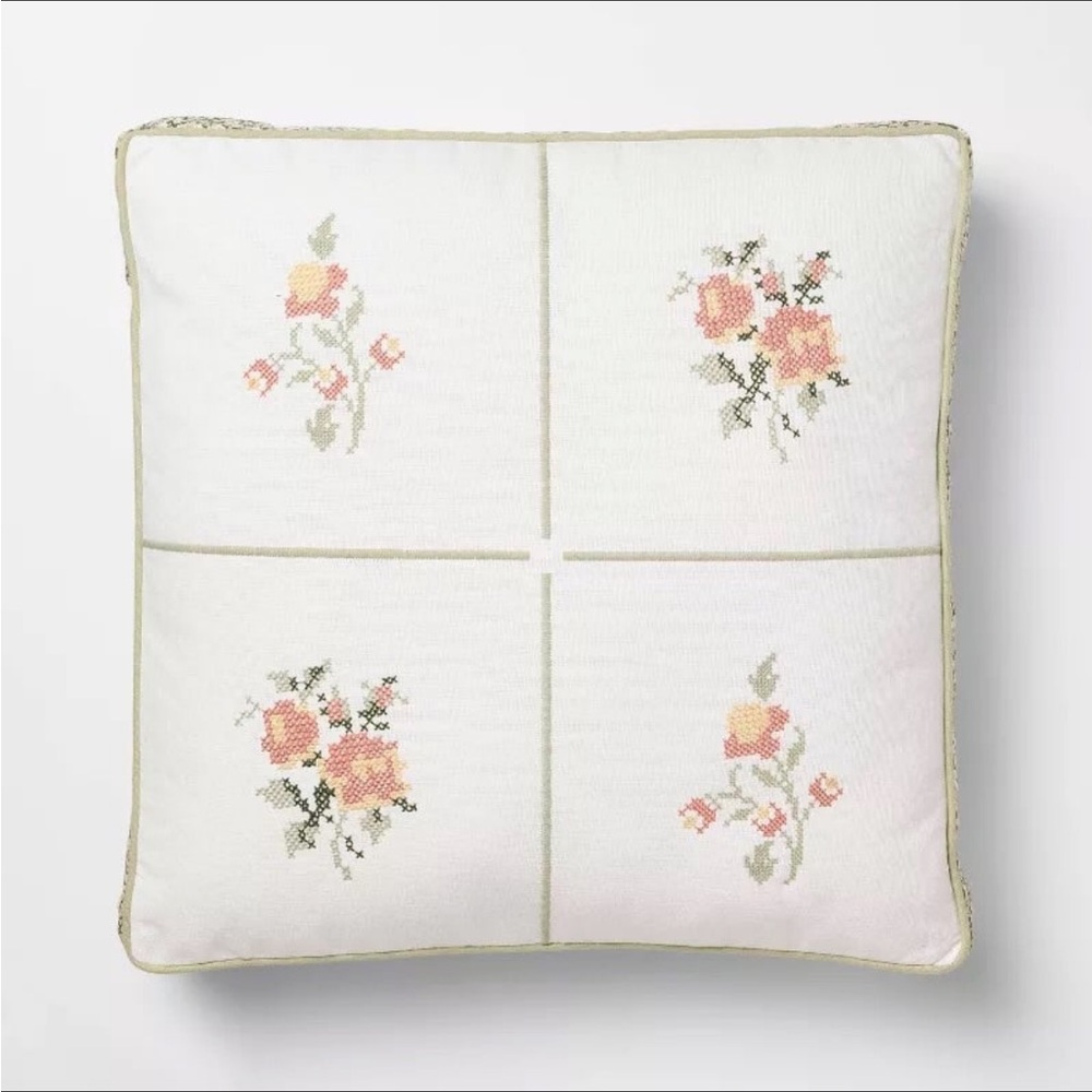 Square Cross-Stitched Floral Pillow Printed Green/Pink - Threshold Studio McGee